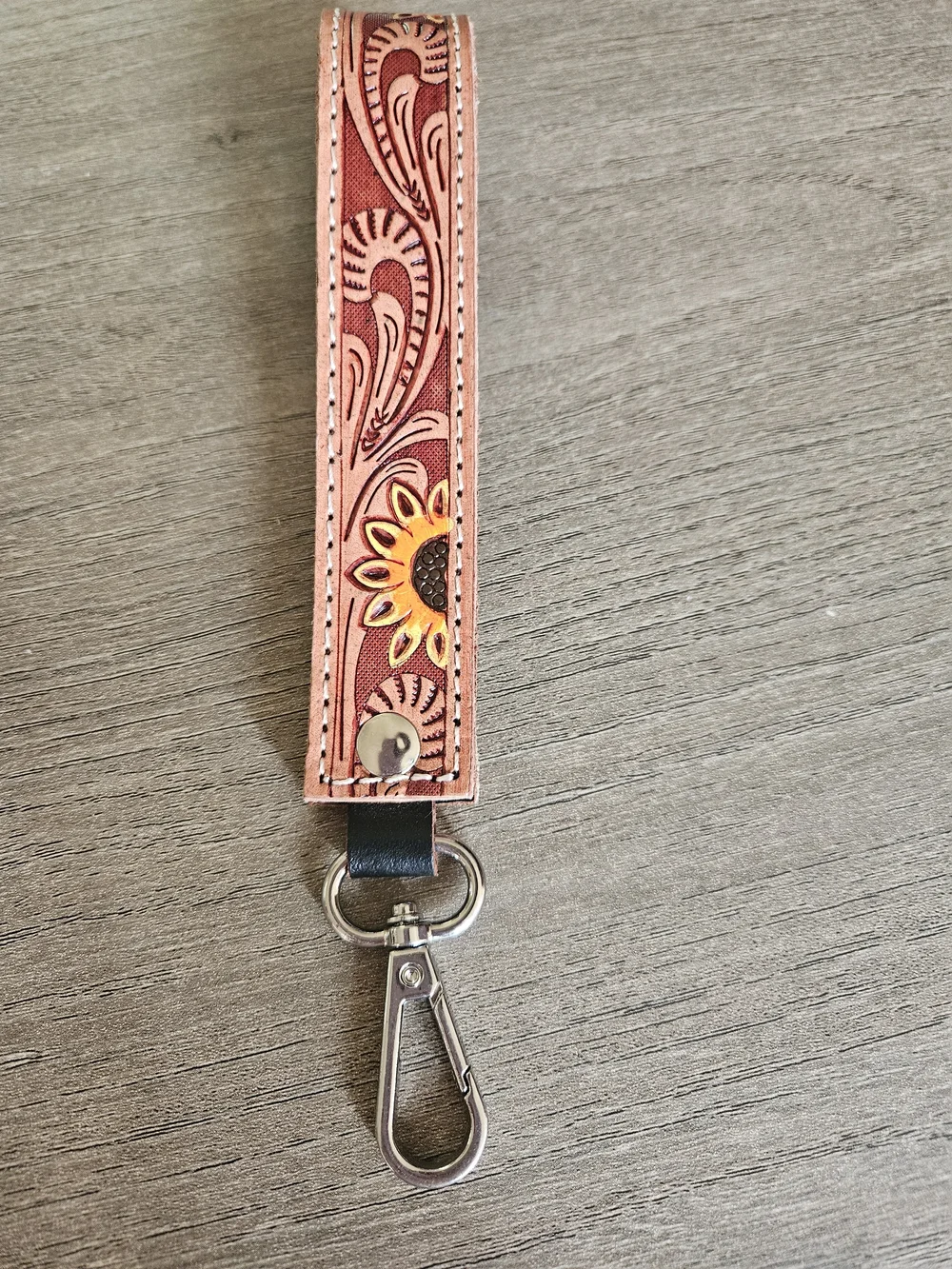 Sunflower Genuine Tooled Leather Wristlet Keychain - Tan - NWOT